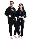 dressfan Unisex Erwachsene Pyjama Schlafanzüge Kapuze Schwarz Onesie Nachtwäsche Thermo Jumpsuit Weihnachten Pyjama für Familie Paare Teenager,M