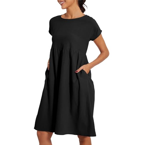 UNIQTA Sommerkleider für Damen, Übergröße, lässig, locker, einfarbig, Strandkleid, kurzärmelig, Rundhalsausschnitt, Bluse, Midi-Kleid mit Taschen, Schwarz , XXXXXL