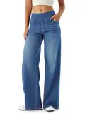 LaiEr Damen Denim Hose mit weitem Bein, hohe Taille, gerades Bein, lockere Passform, Unregelmäßiger handgeriebener Katzenschnurrhaarverlauf hohe Elastizität Casual Jeans(Medium BlueXL)