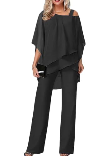 shownicer Hosenanzug Damen Tüll Abendanzug Sets Zweiteiler Chiffon Shirt Und Hohe Taille Hosenanzug Elegant Vintage 2-Teiliges Set Outfit Cocktail Party Festlich Hosenanzug B Schwarz XXL
