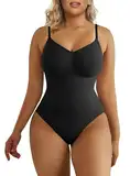 SHAPERX Bodysuit Figurenformend Damen Body Shaper Bauchweg Sculpting Shapewear Tanga Ganzkörper Formende Bodys Verstellbarer Schultergurt, UK-SZ5215-Black-L/XL