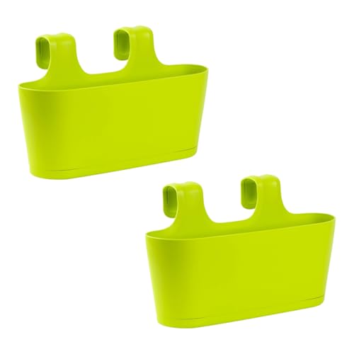 Gariella - 2 x Blumenkasten in Grün, Hängekasten, Geländer-Montage, Balkon, Außenbereich, 5,5 L, oval, Kunststoff, Übertopf, Pflanzkasten, Blumentopf zum Hängen, Wasserspeicher/Untersetzer