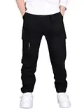 CAMLAKEE Cargohose Jungen Jogginghose Kinder Cargo Hosen Jungs Arbeitshose mit Elastischem Bund Schwarz DE: 170-176 (Herstellergröße 180)