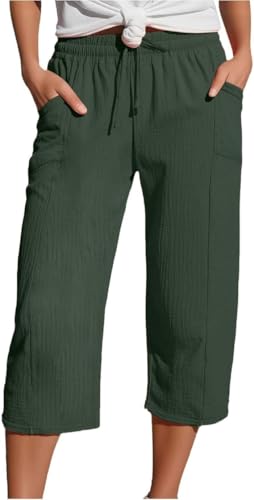 Damen Leinenhose Leichter Jogger Caprihose Sommer 3/4 Caprihose Elastische Taille Kordelzug Atmungsaktiv Einfarbig Stoffhose Bequem Arbeit Freizeithose Sporthose Wanderhose Strandhosen