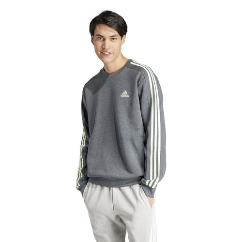 adidas Men's Essentials Fleece 3-Stripes Sweatshirt, Dark Grey Heather/semi Green Spark, L