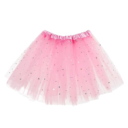 WLLHYF Tutu-Rock 3-lagig Tüll Pailletten Stern Ballett Tanzröcke Prinzessin Party Kostüm Tutu Festliches Party-Kostüm für Mädchen, Damen, Kleinkind, Weihnachten, Geburtstag(Stern Rosa,30cm)