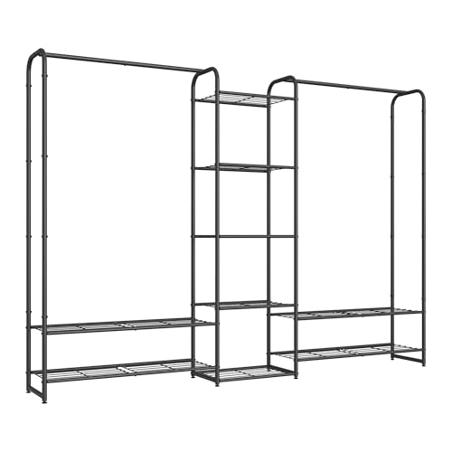 SONGMICS Kleiderständer, offener Kleiderschrank, Kleiderstange, Garderobenständer mit Ablagen, Garderobe aus Metall, freistehend, Mattschwarz LGR463B01