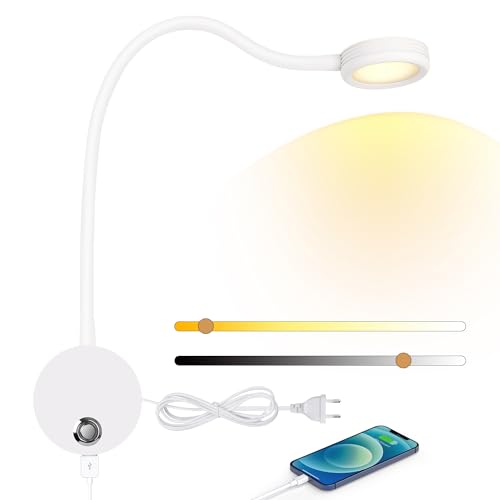 ERWEY LED Wandleuchte weiße Leselampe Wand, Bettleuchte mit Touch Button Einstellbar Licht 3000-6000K, 4W Bettlampe 360° Flexible Schwanenhals Lampe mit USB-Ladeanschluss für Bett, Schlafzimmer