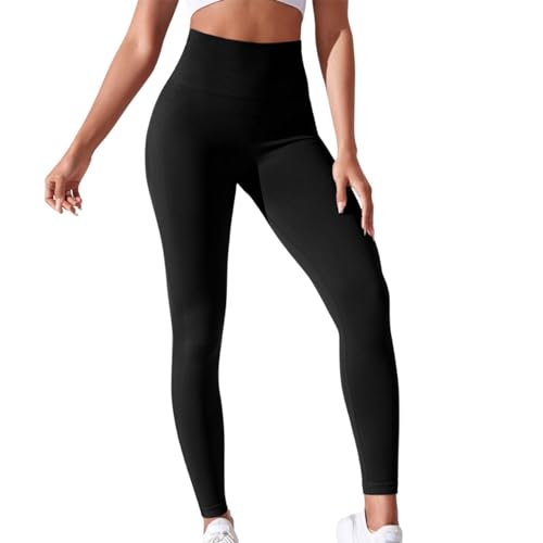 Yoga Leggings Damen Frauen Einfarbig Nahtlose Stricken Pfirsich Hüfte Gym Hosen Hohe Taille Sexy Bauch Engen Gym Hosen Stretch Yoga Hosen Reithosen Damen 44 (Black, L)