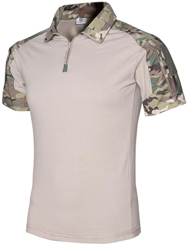 PADOLA Combat Shirt Militär 1/4 Zip T-Shirts für Herren Taktisches T Shirt Baumwolle Tshirt mit Taschen Camouflage Sommer Arbeitsshirt Outdoor Survival T-Shirt Funktionsshirt (XL, 1 Khaki Grün)