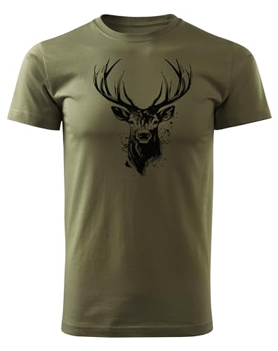 HUNT-G61 - T-Shirt für Jäger - Tshirt Herren - aus Baumwolle, Bequeme Passform - Jagd Geschenke, Geschenk für Jäger, Förster - Grün, mit Motiv Hirsch - L