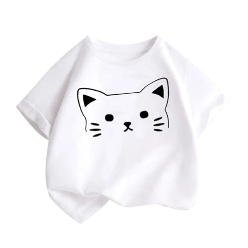 KODMNSW T-Shirt Mädchen T Shirt Kinder Tshirt Sommer Tops Baumwolle Kurzarm Oberteile Katze Druck Kurzärmelige Sport Top Klamotten Teenager 2-14 Jahre Alt Gutschein Weiß 8-10 Jahre