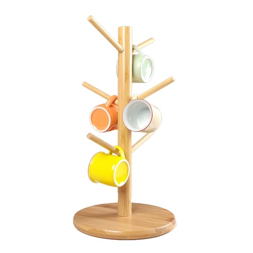 ADERTOS Tassenständer Becherhalter Holz Tassenhalter Tassenbaum Baumbecherhalter Kaffeebecher Baum Abnehmbar Coffee Mug Stand Runder Boden Kaffeetassenständer mit 6 Haken für Kaffeetassen Becher