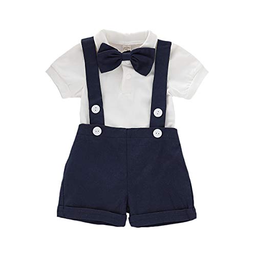 Gajaous Baby Jungen Gentleman Anzüge, Kinder Kurzarm Bowtie Shirt Strampler + Hosenträger Shorts Overalls Festliche Taufe Hochzeit Gentleman Shorts Set 0-24M, A-Dark Blue, 3-6 Monate(Tag 70)