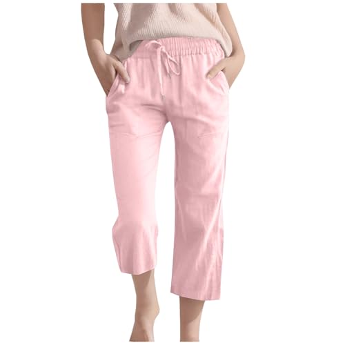 Generisch 3/4 Lange Leinenhose Kinder Mädchen Sommer Baumwolle Leinen Hose Lässige Weitem Bein Strandhose Leicht Einfarbig Jogginghose Hohe Taille Freizeithosen mit Taschen Sommerhose für Outdoor