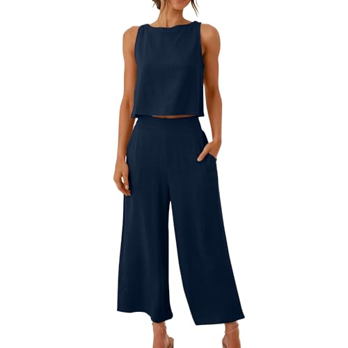 Angebote des Tages Heute,Zweiteiler Damen Elegant Sommer Musselin Bluse und Hose, Aesthetic Lounge Set Baumwolle Sportanzug Oversize Freizeitanzug Ärmellos Y2K Clothes Outfit Sportanzug Hosenanzug