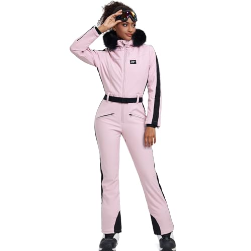 HOTIAN Damen Skianzug Einteiler Skioverall Winter Warme Damen Schneeanzug Wasserdicht Winddicht skibekleidung Schneeoverall Jumpsuit Mit Kapuze Pink S