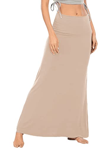 LYANER Damen Casual Hohe Taille Solid Flare Langer Maxirock, Beige, Groß