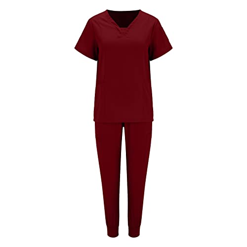 Einfarbiges Damen-T-Shirt mit Tasche und V-Ausschnitt, einfarbig, Damen, Neuer Sportklinik-Overall Leggins Sporthose Damen (Red-2, XS)