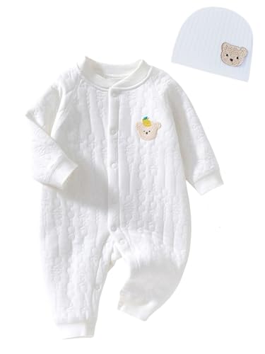 Babyfond Baby Bodysuit Unisex Kinder Wickelbody Baby Kleinkind Body, Neugeborenes Baumwolle Bodysuit mit Hut, 100% Baumwolle Kleinkind Homewear (white, 1-3M)