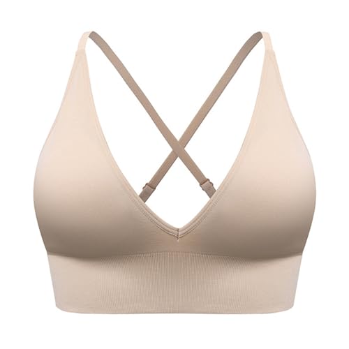Klein Damen Damen-Sport-BH mit V-Ausschnitt, Lange Linie, gepolsterte Körbchen, verstellbar, dünner Träger, Fitness, Yoga, kurzes Oberteil Top Spitze Damen (Beige, L)