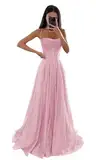 Glitzernde Pailletten Tüllkleider Damen Spaghettiträger Formelle Abendkleider Lange A Linie Partykleider Blush Pink S