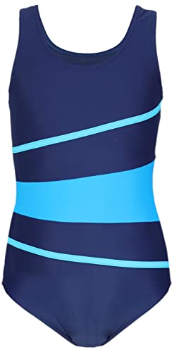 Aquarti Mädchen Badeanzug mit Ringerrücken – Sport Badeanzug Mädchen, Chlorresistent, Farbe: 026A Dunkelblau/Türkis/Himmelblau, Größe: 158
