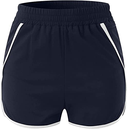 Generisch Damen Laufshorts Sommer Casual Workout Gym Sport Yoga Shorts Schnelltrocknend Lockere Passform Einfarbige Yoga Shorts Mit Tasche (XL,Dunkelblau 2)