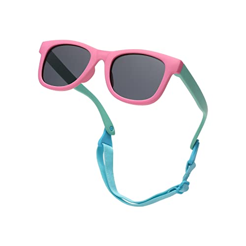 Pro Acme TPEE Polarisierte Baby Sonnenbrille mit Gurt-flexiblen Kleinkind-Sonnenbrillen für 0-24 Monate (Rosa Grün Rahmen | Grau Linse)