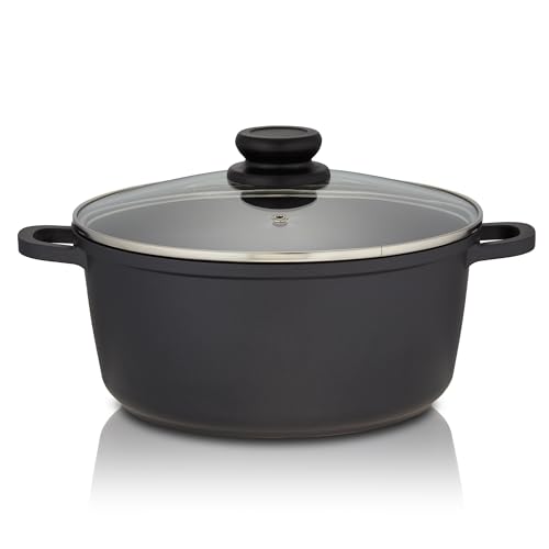 KHG Topf Kochtopf 24 cm Induktion Antihaftbeschichtung 4 Liter | Schwarz Aluminium mit Glasdeckel | Stabile Griffe aus einem Guss | für alle Herdarten geeignet