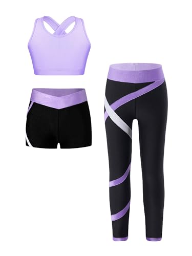 Yruioon Kinder Trainingsanzug Mädchen Sportanzug 3tlg. Sport BH Tops mit Shorts Leggings Sport Set Jogginganzug Fitness Yoga Gym Tanz Streetwear Lavendel 122-128