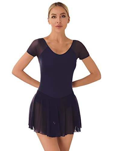 CHICTRY Ballettkleid Damen Kurzarm Mesh Patchwork Ballettanzug Ballett Body Mit Chiffon Rock Tanzrock Ballerinas Kostüm Tanzbekleidung Dunkelblau S