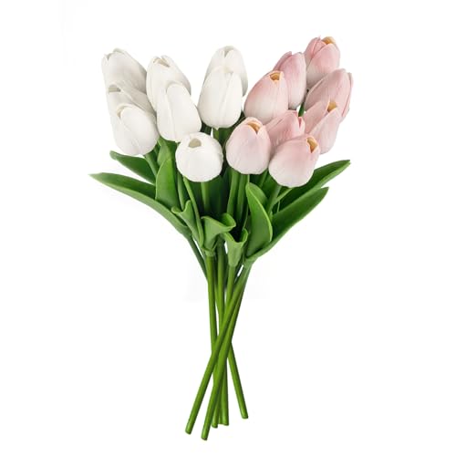 MEMOFYND 16 Stück Künstliche Tulpen, Künstlicher Tulpenstrauß, Hochzeitsblumenarrangement, Dekoration, Hochzeitsarrangement (Weiß, Hellrosa)
