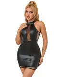 sunshinelady Damen Lederkleid Wetlook Mesh Ärmellos Dessous Negligee Bodycon Clubwear Lingerie Figurbetont Neckholder Babydoll für Mollige Frauen Curvy Party Valentinsag M Schwarz