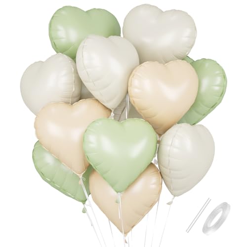 Herz Folienballons, 18 Zoll Herzluftballons Beige Grün, Herz Luftballon Helium, Herzballons Beige Grün Herzform Folienluftballon, Herzluftballons Hochzeit Valentinstag Babypartys Geburtstagsdeko