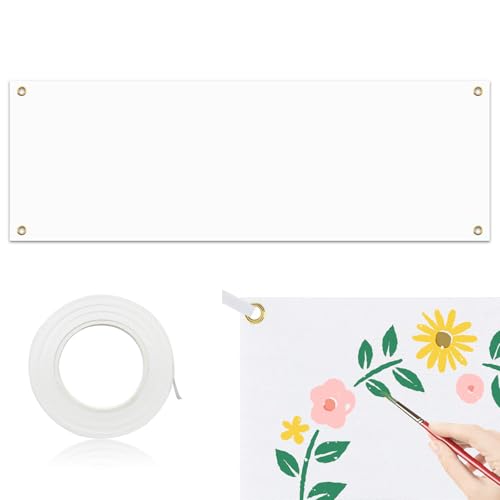 Großes Leeres Banner 500 x 50 cm Banner Weiß Polyester Blanko Banner Fahnen Banner Blanko mit 10 m Hängendem Seil Lackierbar Weiß Leinwand Banner für DIY Painting Hochzeit Geburtstag Partys Outdoor