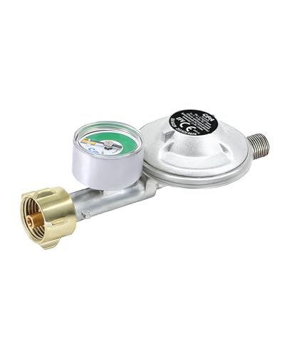 CFH Gasdruckregler Gasflasche mit Füllstandsanzeige DRF 428 - Gasdruckregler 50 mbar mit Manometer & Schlauchbruchsicherung, Eingang G.12 und Ausgang H.4 1/4", gemäß EN 16129, Durchfluss 1,5 kg/h