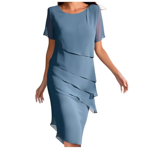 Damen Stufen Chiffonkleid Faltenkleid Patchwork Sommerkleider Chiffon Rundhals Kurzärm Kleid Mode Elegant Abend Midikleid Abendkleider Partykleid