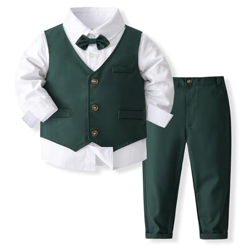 Volunboy Baby Anzug Jungen Anzugweste Hemd mit Fliege für Festlich Hochzeit Bekleidung Set 4tlg(Tiefgrün,3-4 Jahre,Größe 110)