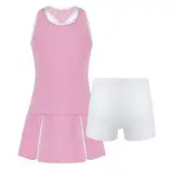 Aiihoo Mädchen Sport Kleidung Set Ärmellos Racerback Tennis Kleider Mit Shorts Fitness Workout Yoga Running Outfit Tennisanzug Sportanzug Rosa A 134-140