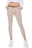 Kendindza Chino Damen Hose Stretch mit Gürtel Stoffhose Damen elegant lang (L, Beige)