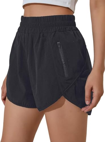 BUHIM Shorts Damen Sport Shorts Sommer Kurze Hose Sporthose Kurz 2 in 1 Laufhose Fitness Jogging Gym Laufshorts Elastisch Schnelltrocknend High Waist Running Shorts mit Tasche (Schwarz, L)