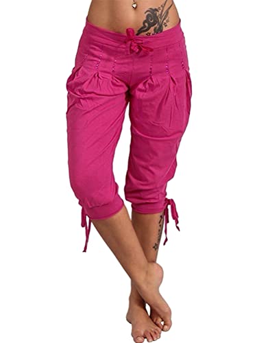 Tomwell Damen Hose Bermuda Sommer Stoffhose Freizeithose Elastischer Bund Mit Taschen Casual 3/4 Hose Kurze Hose Jogginghose Fitness Trainingshose Sporthose Bleistifthose W Rose M