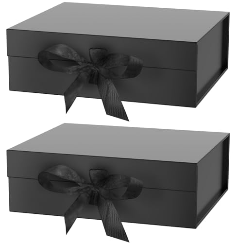 2Pcs Magnetische Geschenkbox mit Schleife, 31x22x10cm Schwarz Geschenkbox Magnetisch Geschenkkarton mit Deckel, Geschenkverpackung Box Geschenkschachtel mit Band für Hochzeit Geburtstag Jubiläum