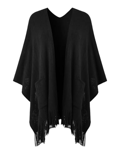 Ferand Damen Poncho mit Offener Vorderseite und Taschen, Weiche Strick Cape mit Fransen für Herbst Winter,Schwarz