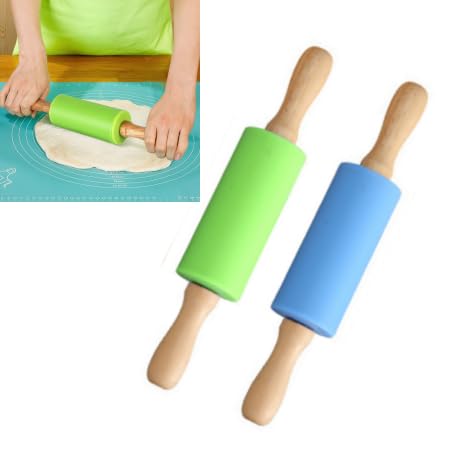 Teigroller Klein,Kinder Nudelholz,Silikon Nudelholz mit Holzgriff,Nudelholz Silikon Teigroller,Antihaft-Oberfläche Kinder Teigrolle,Antihaft Teigrolle,23,5 X 4,2 cm Rolling Pin,Blau,Grün