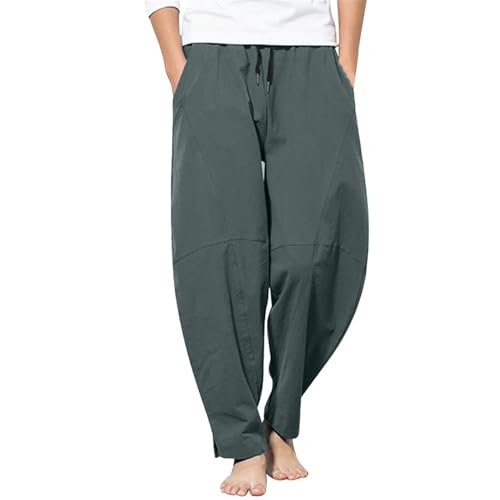 Sommerhose Männer Leicht Einfarbig Leinen Hose Mit Kordelzug Loose Elastischer Bund Lang Sommerhose Strandhose Pants Man Leinenhose Herren Lang Sommer Rote Leinenhose Herren (2-Navy,XL)