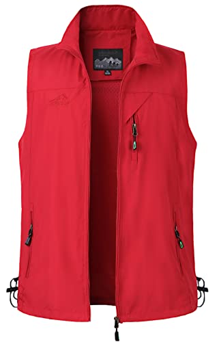 Yukirtiq Herren Outdoor Anglerweste Leicht Safari Weste Multifunktionsweste Atmungsaktiv Angeln Weste Jagdweste Taschen Wandernweste Fotografie Ärmellos Jacke, Rot, L