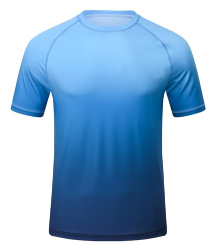 Huayuzh UV Shirt Herren Rashguard T-Shirt Schwimm Shirt UPF 50+ Schnelltrocknend Leicht Atmungsaktiv Surfen Wandern Top Blau Verlaufsfarbe L