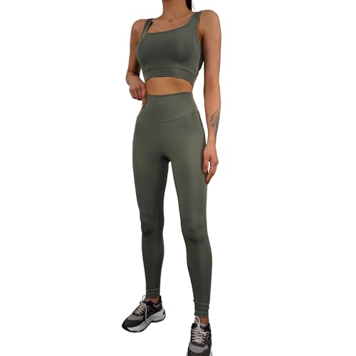 Sport-Crop-Top und Leggings-Set für Damen | Zweiteiliges Set mit elastischen Bequemen Crop-Tops und Leggings | Yoga Fitness Gym Kleidung (DE/NL/SE/PL, Alphanumerisch, S, Regular, Regular, Olivgrün)